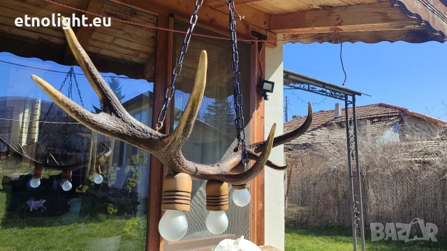 Ръчно изработен полилей от еленови рога с ръчно изработени дървени чашки , снимка 5 - Полилеи - 53812706