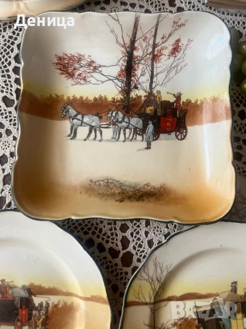 Royal Doulton, по-специално чинии и квадратна купа със сцени с конски карети. , снимка 2 - Чинии - 51304977