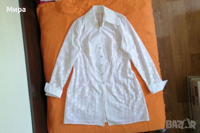 Дълга бяла блуза от памучна дантела, снимка 2 - Блузи с дълъг ръкав и пуловери - 46399180