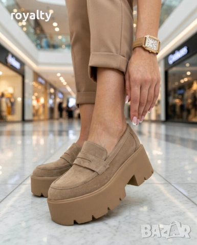Обувки на платформа - бежов велур