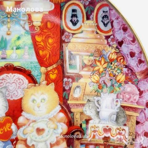 Колекционерска порцеланова чиния Wconker Wuv от серията Holiday Cat Plate на Franklin Mint., снимка 3 - Други ценни предмети - 52384848