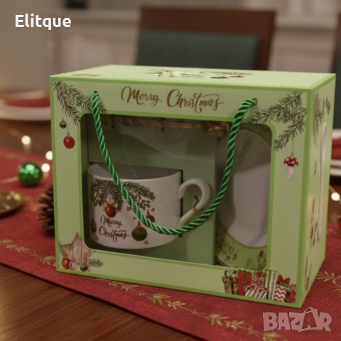 Коледен подаръчен комплект – Керамична чаша с лъжичка и чинийка в празнична кутия, снимка 4 - Декорация за дома - 52575641