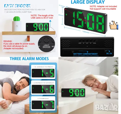 ПОСТОЯННО СВЕТЕЩ LED ЧАСОВНИK С ГОЛЕМИ ЦИФРИ НА ТОК ИЛИ БАТЕРИИ, ТЕРМОМЕТЪР. ЛЕД СВЕТЕЩИ ЧАСОВНИЦИ+, снимка 8 - Други - 49865820