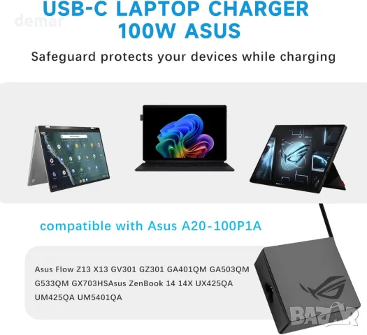 100W USB C зарядно за лаптоп за Asus, A20-100P1A, снимка 3 - Друга електроника - 50302561