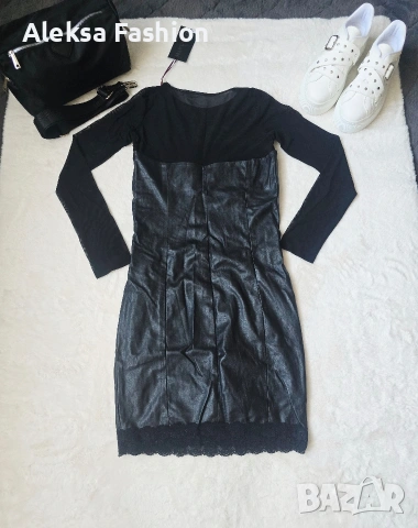 Дамска кожена рокля с ръкави от тюл, снимка 8 - Рокли - 47560475