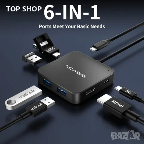 USB C хъб ACASIS 6 в 1, снимка 2 - Захранвания и кутии - 48545650