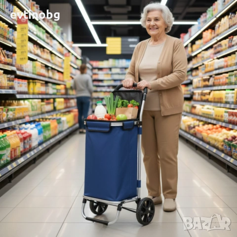 Количка за пазаруване в син цвят – 40 л, водоустойчива, лека и удобна с 2 колела, снимка 2 - Други стоки за дома - 53843456