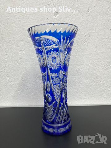Бохемска кристална кобалтово / синя ваза. №5394, снимка 1 - Антикварни и старинни предмети - 45761499