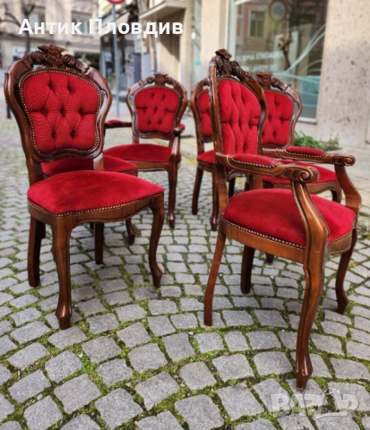 Комплект от 6 трапезни стола с червена плюшена дамаска, снимка 8 - Столове - 53983502