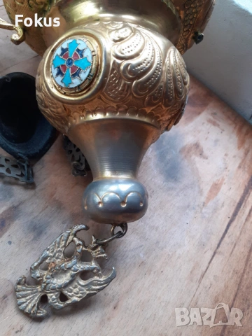 Огромно старо висящо кандило емайл и стъкла кадило тамянник, снимка 6 - Антикварни и старинни предмети - 54220475