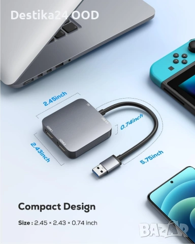 USB 3.0 към 2x HDMI адаптер Full HD за лаптоп и компютър, снимка 3 - Друга електроника - 54130162