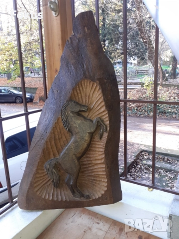 Уникална стара авторска дърворезба за стена - кон -подписана, снимка 2 - Антикварни и старинни предмети - 52617239