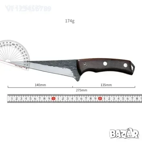 Ловен,ръчно кован нож 5Cr15Mov, кожен калъф, 140х275 мм, снимка 2 - Ножове - 52777546