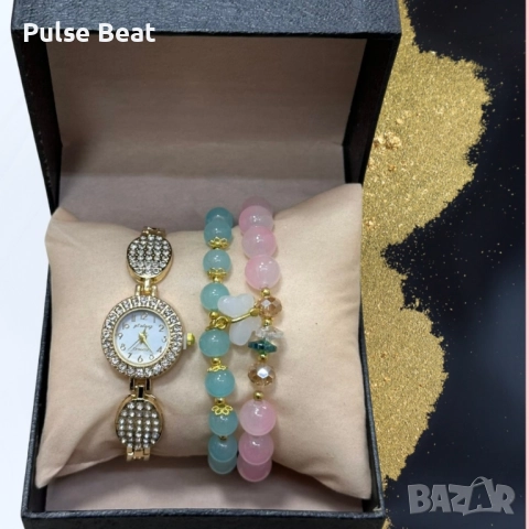Елегантен дамски комплект аксесоари - часовник с камъни цирконии и 2 броя 