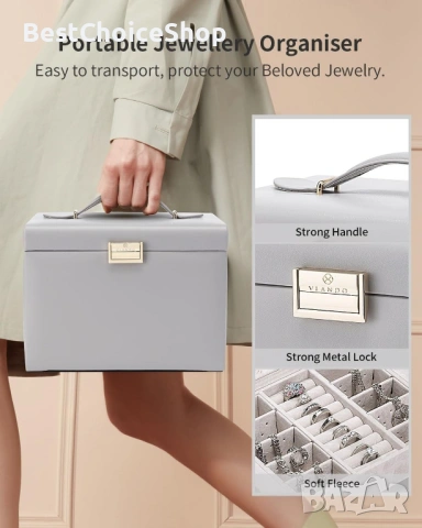 Голяма кутия за бижута от PU кожа с огледало – 4 нива, кадифена подплата, снимка 6 - Бижутерийни комплекти - 53068087