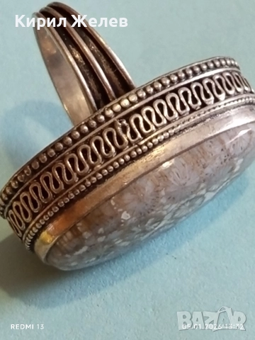 Сребърен пръстен с инкрустиран вкаменен корал филигранна изработка уникален 51824, снимка 9 - Пръстени - 52987229