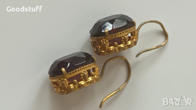 Сребро,гранат,позлата,обеци,винтидж,маркировки, фасетиран 