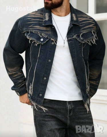 Ново мъжко карго дънково яке риза Street Style накъсан вид овърсайз изтъркано деним памук ХХЛ, снимка 3 - Якета - 53241286