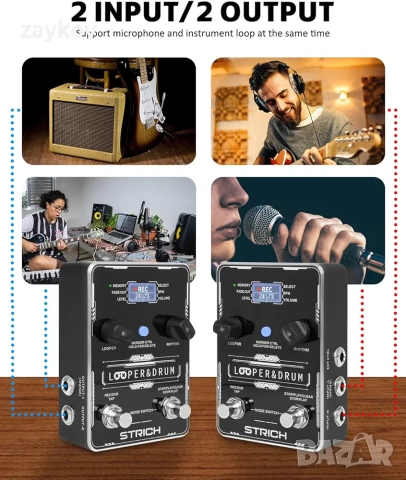 STRICH Стерео педал за китара с вграден барабанен компютър, 100 барабанни патерна, снимка 3 - Китари - 53889685