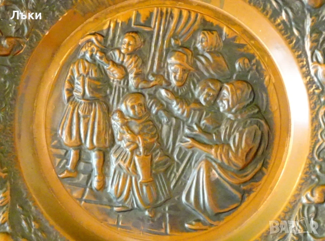 Медна чиния,пано,битова медна картина 38 см. , снимка 2 - Антикварни и старинни предмети - 53952197