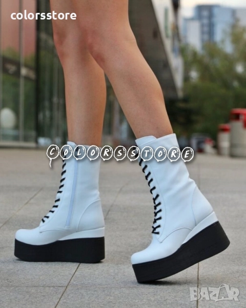 Боти на платформа - бяла кожа с черно ходило и черни връзки - VP1, снимка 1