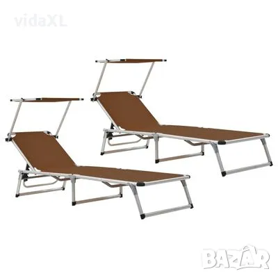  vidaXL Folding Sun Loungers with Roof 2 pcs Aluminium&Textilene Brown(SKU:312461), снимка 1