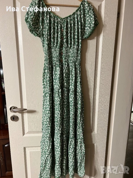 Нова ежедневна цветя флорален принт елегантна дълга зелена рокля буфан ръкав 100% памук памучна , снимка 1