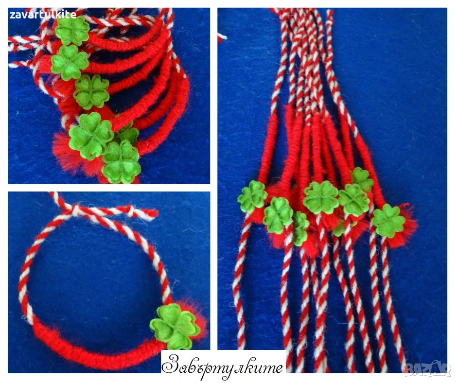 Мартеници за ръка с намотан червен конец и зелена детелинка от филц, снимка 1