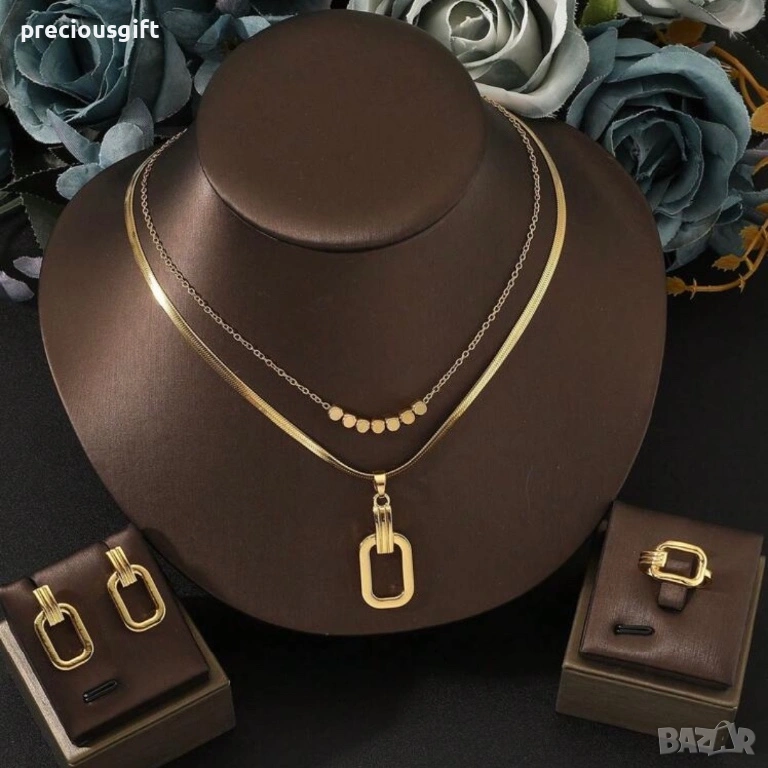 Комплект бижута от неръждаема стомана - колие, пръстен и обеци, снимка 1