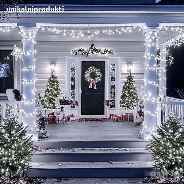 Външни професионални коледни лампички 10м 100 диода с флаш ефект студено бяла светлина IP65, снимка 1