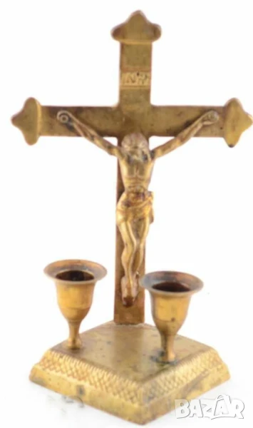 Старинен бронзов настолен кръст с две свещи разпятие Исус Христос, снимка 1