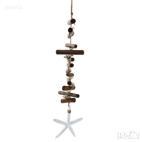 Декорация Висулка с морска звезда, Ръчна изработка, Дърво/раковини/бяла звезда, 40 см, снимка 1