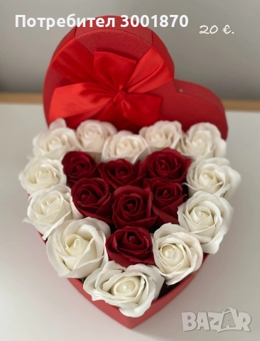 Кутия сърце с рози за Свети Валентин, снимка 3 - Изкуствени цветя - 53106678