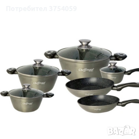 Комплект съдове за готвене Cheffinger от лят алуминий с мраморно покритие – 10 части, индукционни, снимка 3 - Съдове за готвене - 53175156