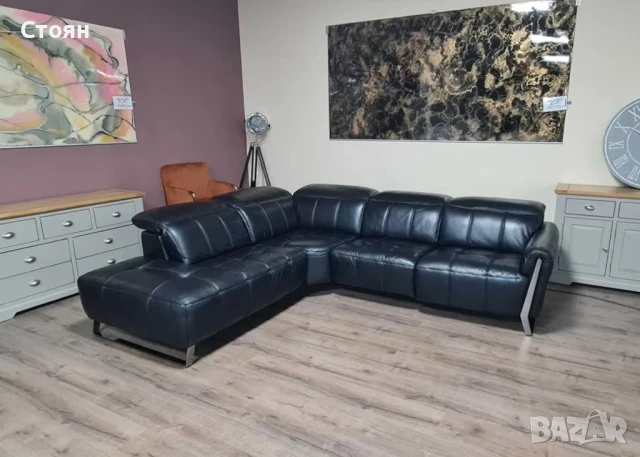 Черен кожен ъглов диван с електрически релакс механизъм "Packham", снимка 1
