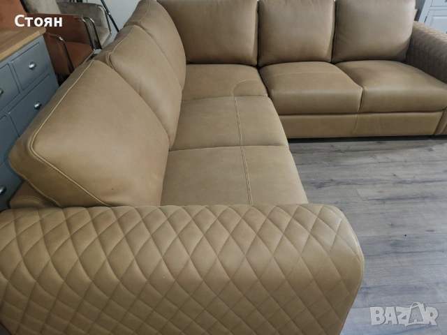 Светло кафяв кожен ъглов диван, снимка 3 - Дивани и мека мебел - 53833466