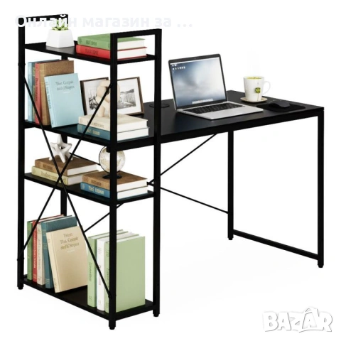 Компютърно бюро ModernHome, дървено, с рафтове за съхранение, черен, подсилена метална конструкция
