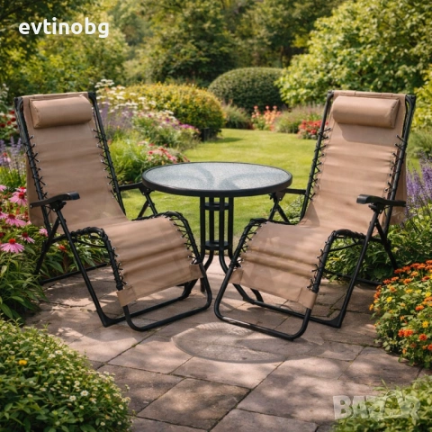 Комплект за релаксация на открито: 2 сгъваеми шезлонга с нулева гравитация CHAIR3 и стилна масичка з, снимка 4 - Столове - 53792601