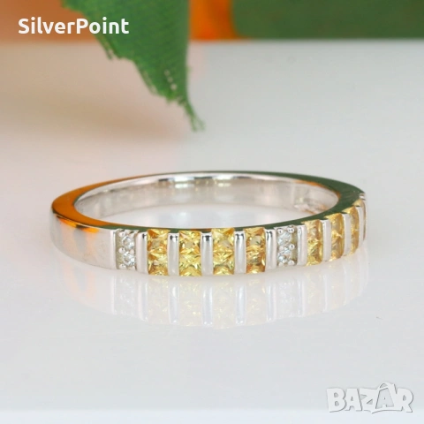 Сребърен пръстен с жълти Сапфири от Шри Ланка и сертификат , снимка 2 - Пръстени - 53647187