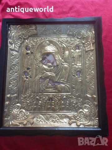 Уникална Руска Икона с Обков Почаевската Богородица и Светци