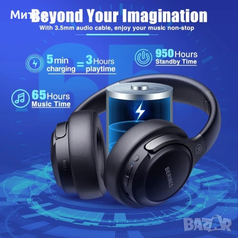 Безжични Bluetooth слушалки BERIBES с микрофон, 65 часа време за възпроизвеждане и 6 музикални режим, снимка 3 - Безжични слушалки - 53964463