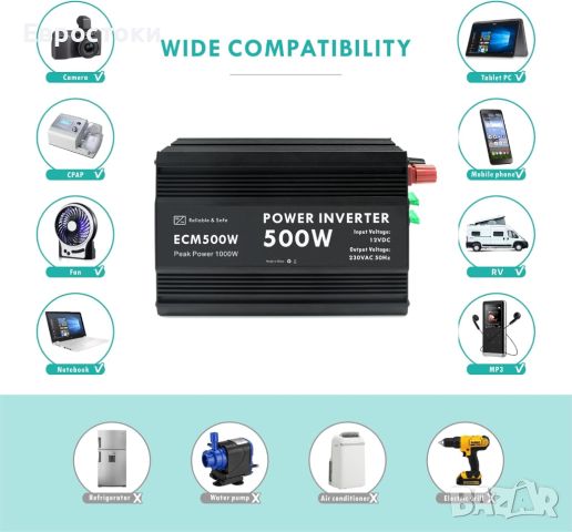 ECM 500 W модифициран синусоидален захранващ инвертор DC 12 V към AC 230 V, снимка 5 - Аксесоари и консумативи - 46574884