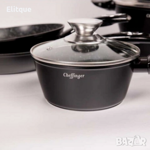 Комплект съдове за готвене Cheffinger от лят алуминий с мраморно покритие – 10 части, снимка 3 - Други - 53427460