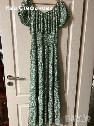 Нова ежедневна цветя флорален принт елегантна дълга зелена рокля буфан ръкав 100% памук памучна 