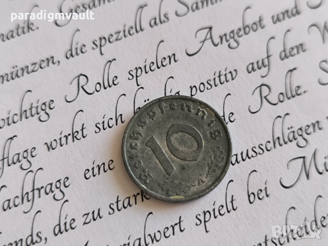 Трети райх - Германия - 10 пфенига | 1942г.; серия А, снимка 2 - Нумизматика и бонистика - 52178812