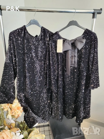 Кадифена рокля с пайети и сатенена панделка 