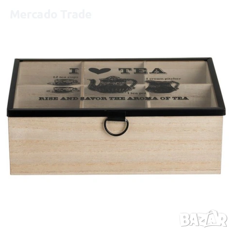 Дървена кутия Mercado Trade, 6 отделения и стъклен капак за чай, снимка 4 - Кутии за съхранение - 53417813