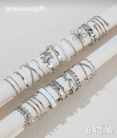 Комплект бижута - 22 броя пръстени, налични в цвят сребро или злато, снимка 5 - Пръстени - 53071118