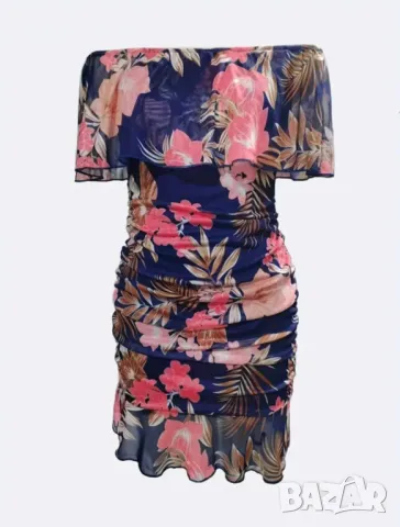 Рокля с цветя флорален принт без рамене еластична размер Л, снимка 3 - Рокли - 50167674