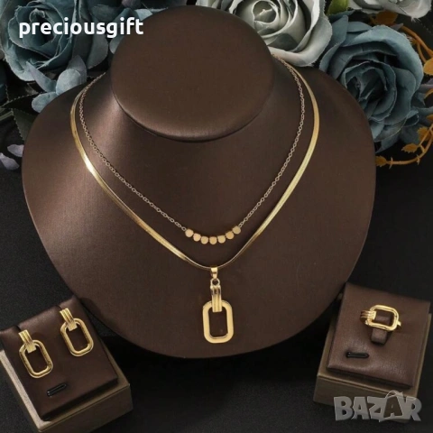 Комплект бижута от неръждаема стомана - колие, пръстен и обеци
